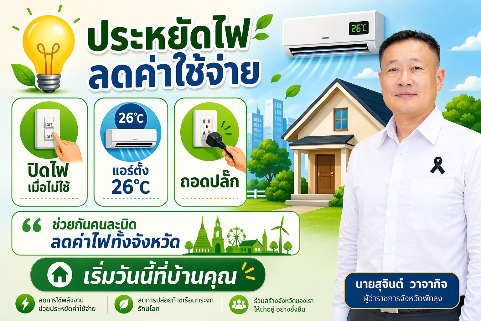 พัทลุงรณรงค์ &ldquo;ประหยัดไฟ ลดค่าใช้จ่าย&rdquo; เชิญชวนประชาชนเริ่มต้นที่บ้านตนเอง